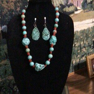 Turquoise and Red Jasper Necklace and Earrings